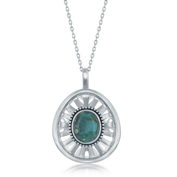 925 Sterling Silver Rhodium Plated Center Oxidized Antique Natural Turquoise Stone 18’’ Pendant Necklace Jewelry for Women or Teens (turquoise)