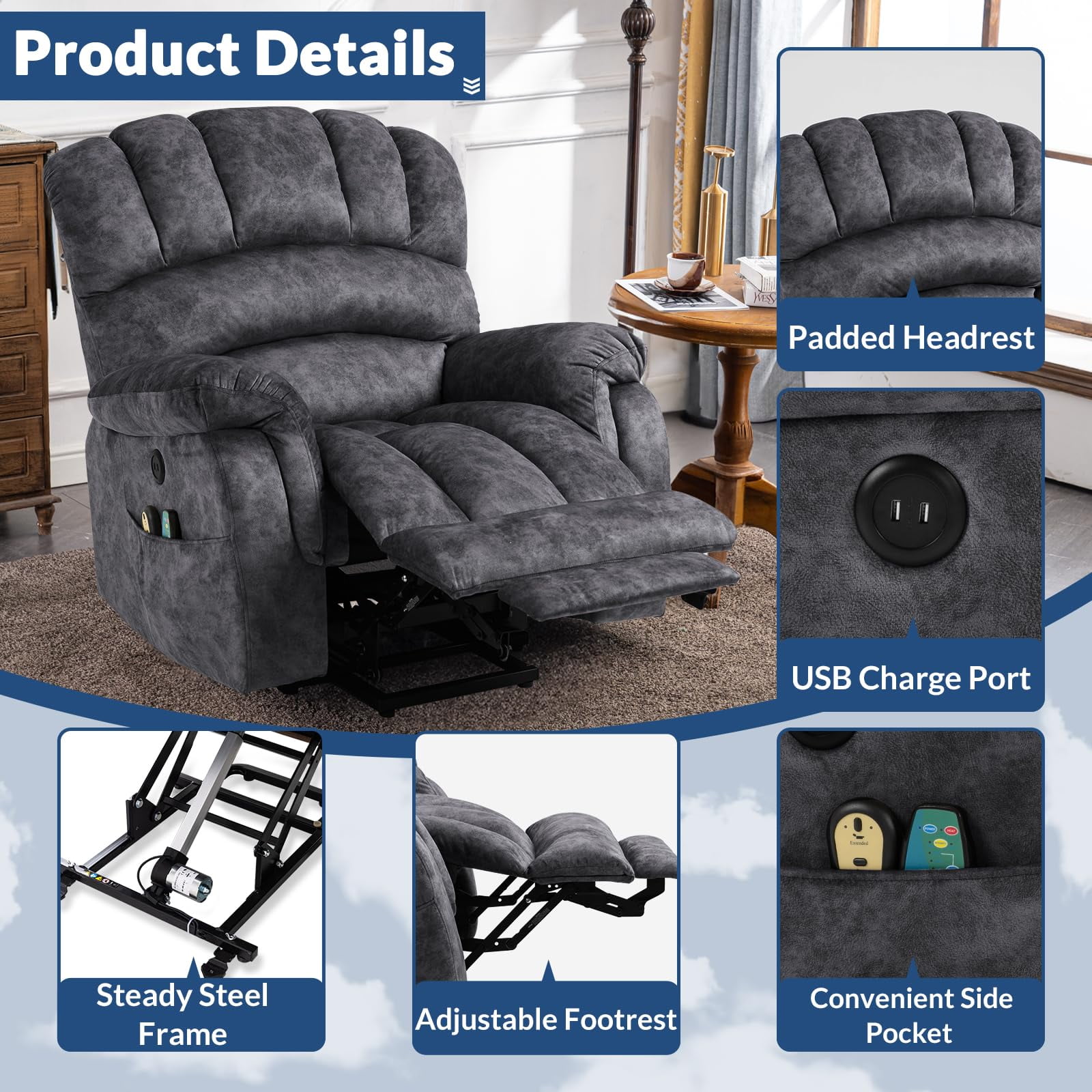 SOCIALCOMFY Large Electric Power Lift Recliner Chair with Extended Footrest for Elderly Big Man, Overstuffed Heated Massage Wide Reclining Sofa with 2 Remote Controls, Side Pockets & USB Ports, Gray