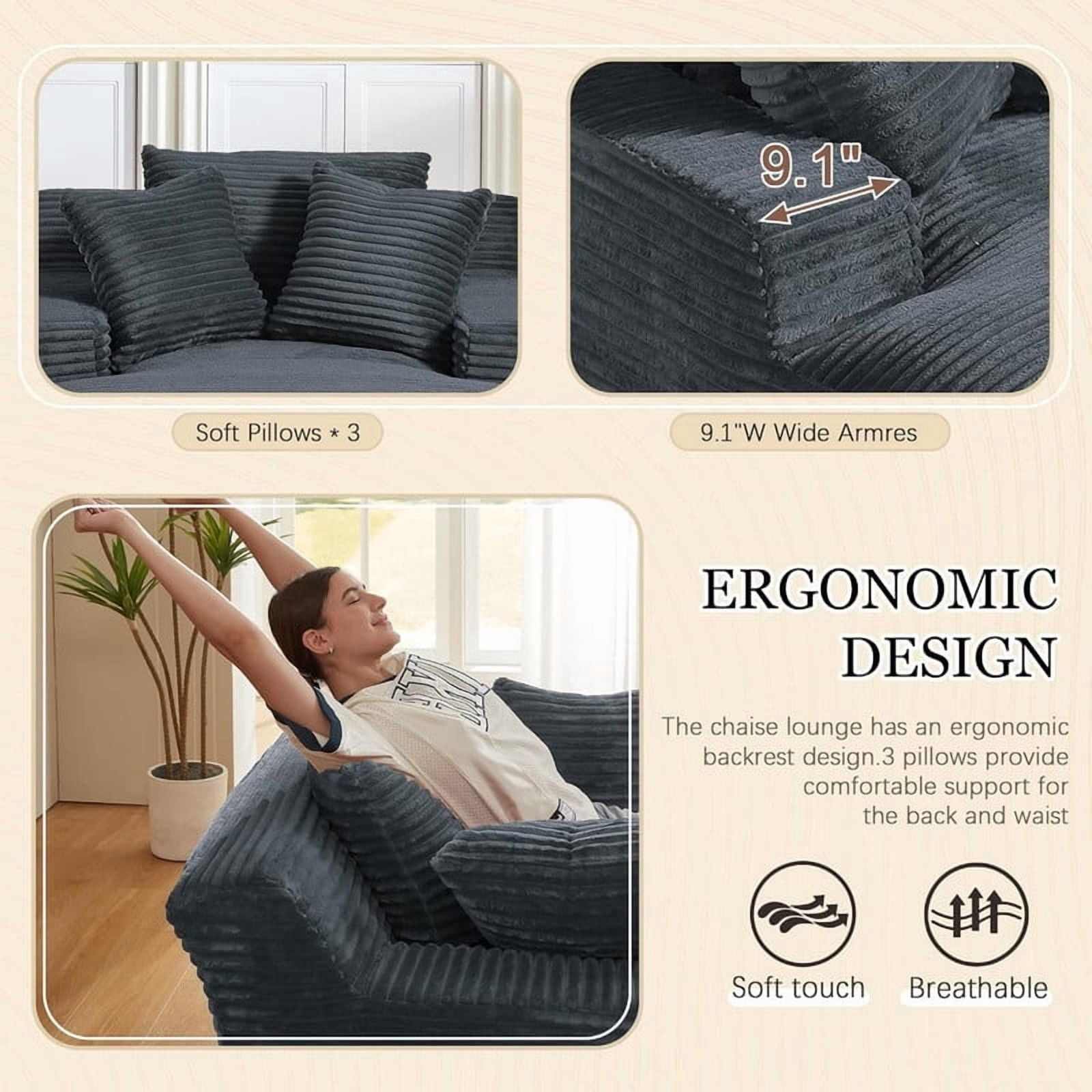 Oversized Chaise Lounge Chair Indoor, 78.7" Extra Deep Boneless Corduroy Lounge Couch Bed with 3 Pillows, Single Seat Reading Chairs for Living Room,Bedroom,Apartment