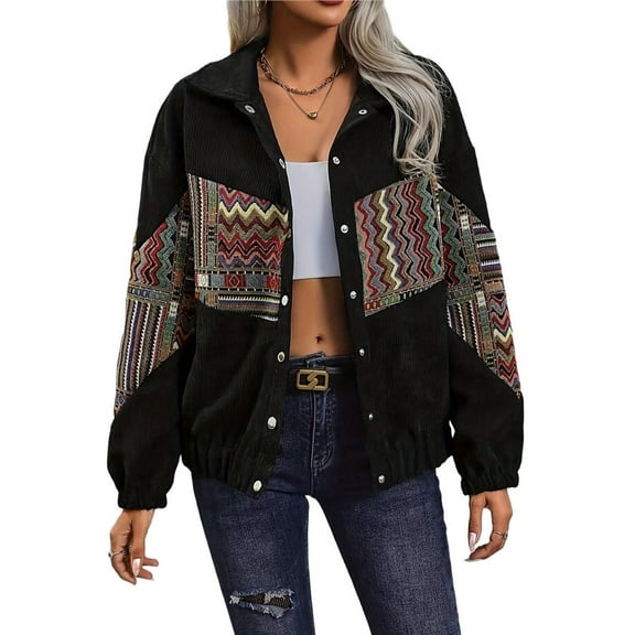 Womens Western Embroidered Corduroy Jacket Long Sleeve Button Down Casual Shackets Coat Fall Outwear Black XL