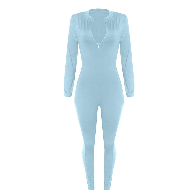 Long Sleeve Bodysuit Womens Front Zipper Casual Sexy V-neck Jumpsuit  Slimming Fit Zip Mock Neck Body Suit Rompers (Medium, Light Blue)