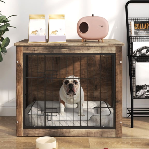 YIYADO Dog Cage Furniture, Wooden Dog Kennel Table with Double Doors, Indoor Dog House, Fits Small/Medium, Brown