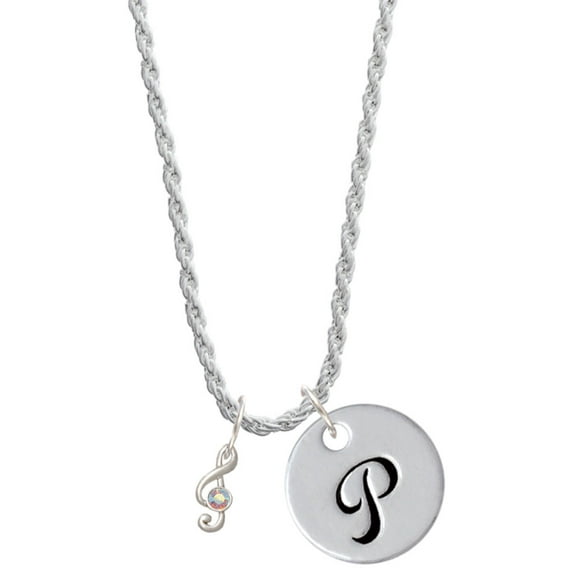 Delight Jewelry Silvertone Mini Clef with AB Crystal Silvertone Script Initial Disc - P - Charm Necklace, 20"+3"