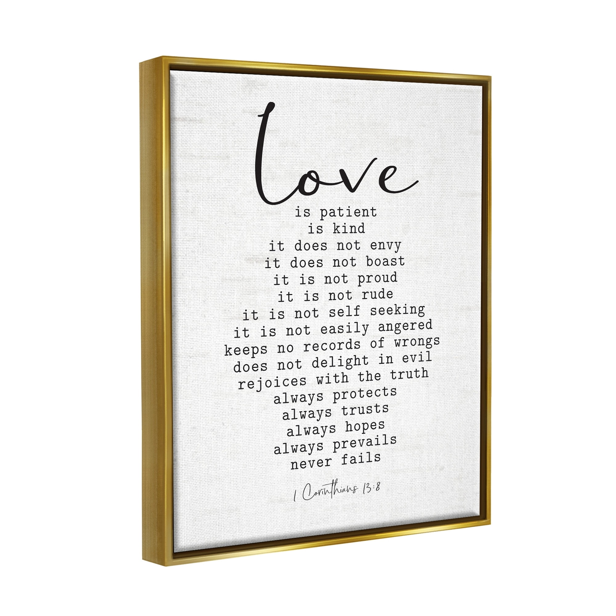 Stupell Industries Love Is... Spiritual Scripture Inspirational Religious Sentiment Graphic Art Metallic Gold Floating Framed Canvas Print Wall Art, Design by Lettered and Lined