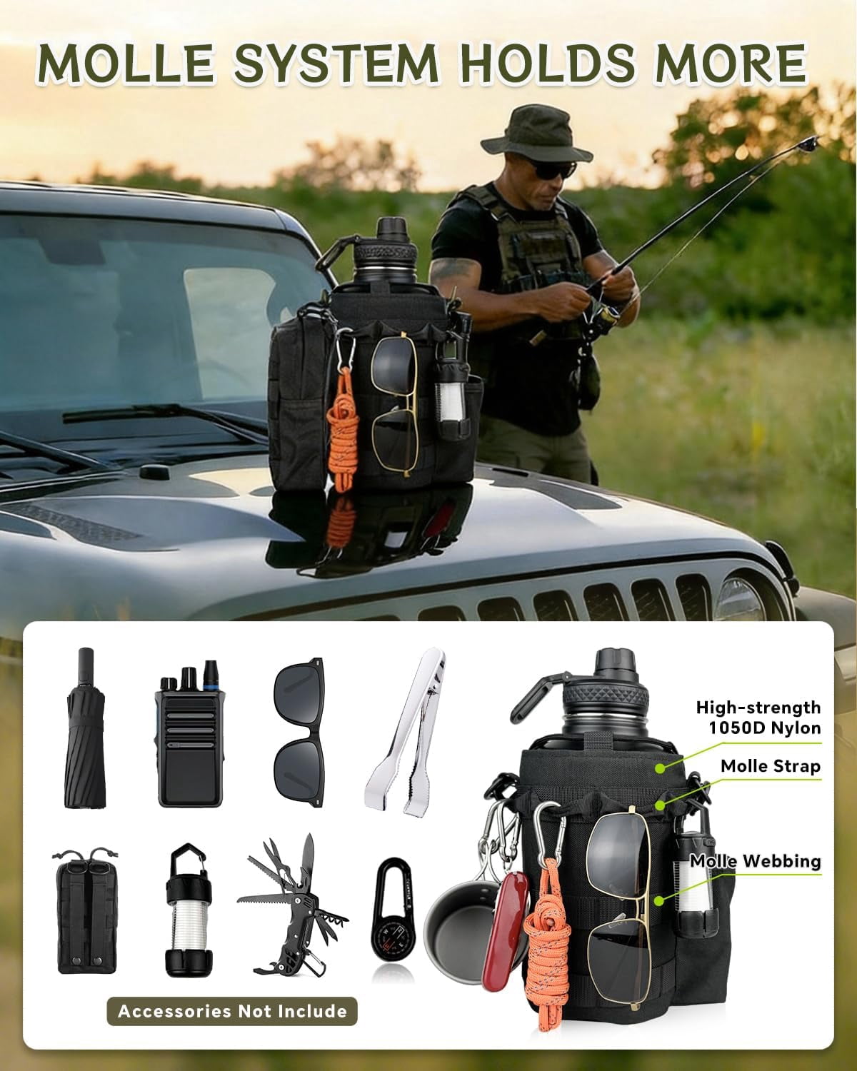 Half Gallon Water Bottle Insulated with Sleeve-64 oz Stainless Steel Water Jug with Strap Paracord Handle Metal Sport GYM Water Bottles for Men Women Hunting Hiking Travel Biking Camo CP