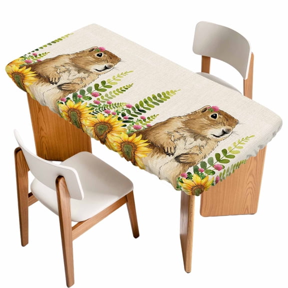 Groundhog Day Table Cloths for 4 Foot Rectangle Tables, Sunflower Spring Floral Botanical Rustic Patio Waterproof Elastic Fitted Tablecloths, Washable Rectangular Table Cover for Camping