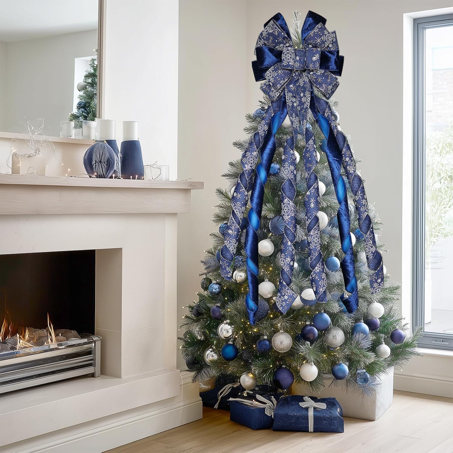 Large Christmas Tree Topper Bow 52x13 Inch, Pre-Tied Wired Ribbon Wreath Bows, Xmas Ornaments with Long Wired Edge Streamer for Holiday Thanksgiving Indoor Outdoor Party Decoration (Navy Blue)