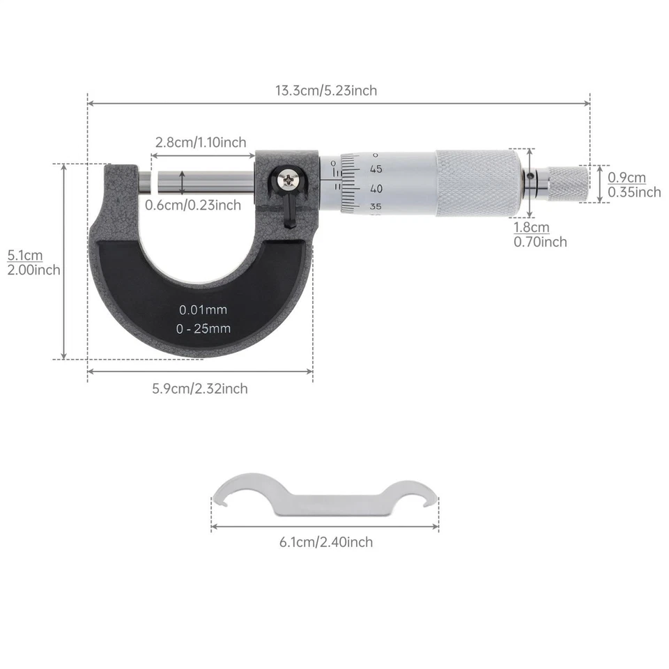 PRIME - Outside Micrometer 0-25Mm 0.01Mm Metric External Caliper With Zero Wrench Metric