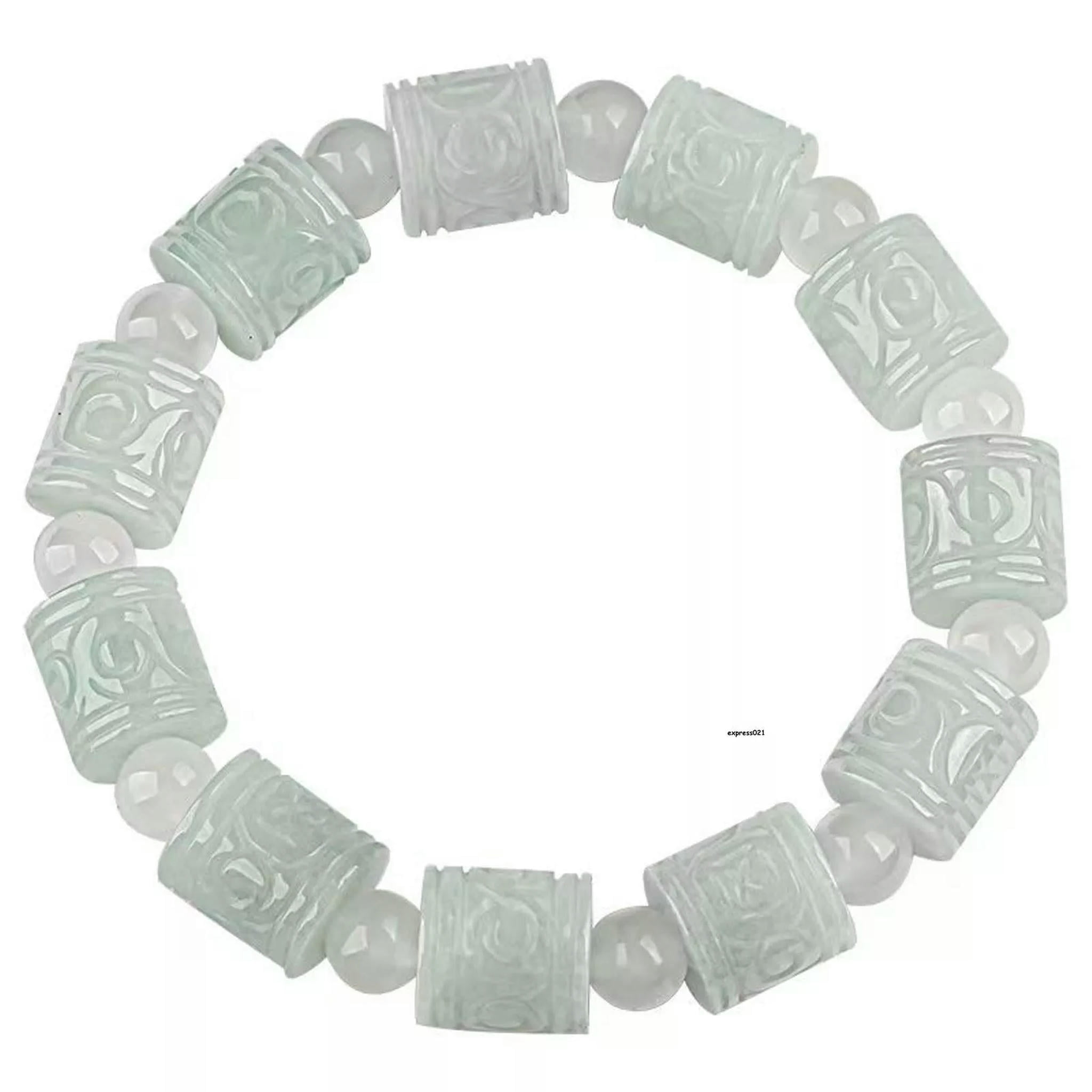 HOOUN Natural Grade A Jade Jadeite Men Women Lucky Carved Column Round Bead Bracelet
