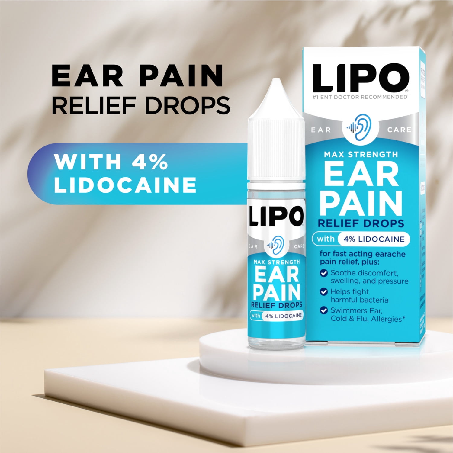(3 pack) Lipo Flavonoid Ear Pain Relief Drops with 4% Lidocaine, Fast Acting, 12.5mL