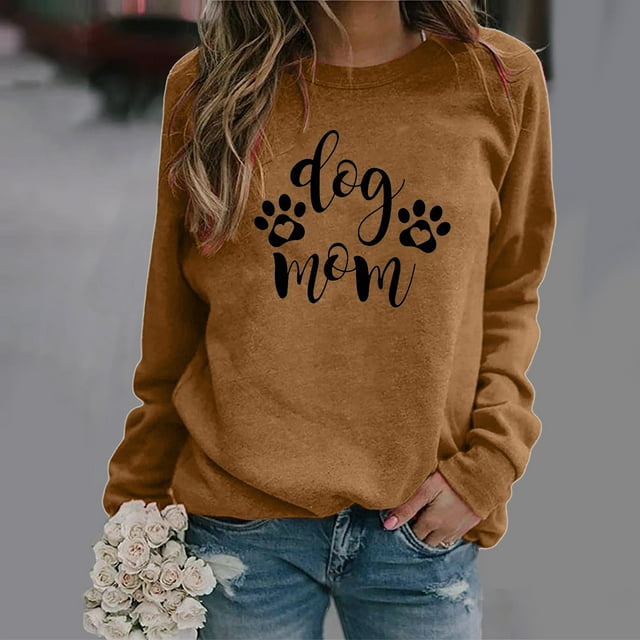 Puntoco Mujeres Casual Manga Larga Perro Pata Impresión O-Cuello tops Camisa Blusa Pullover Puntoco Puntoco-4462