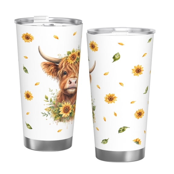 20oz Highland Cow Tumbler with Handle and Straw Sunflower Floral Farmhouse Stainless Steel Insulated Travel Coffee Cup Gift with Single Silver Rim