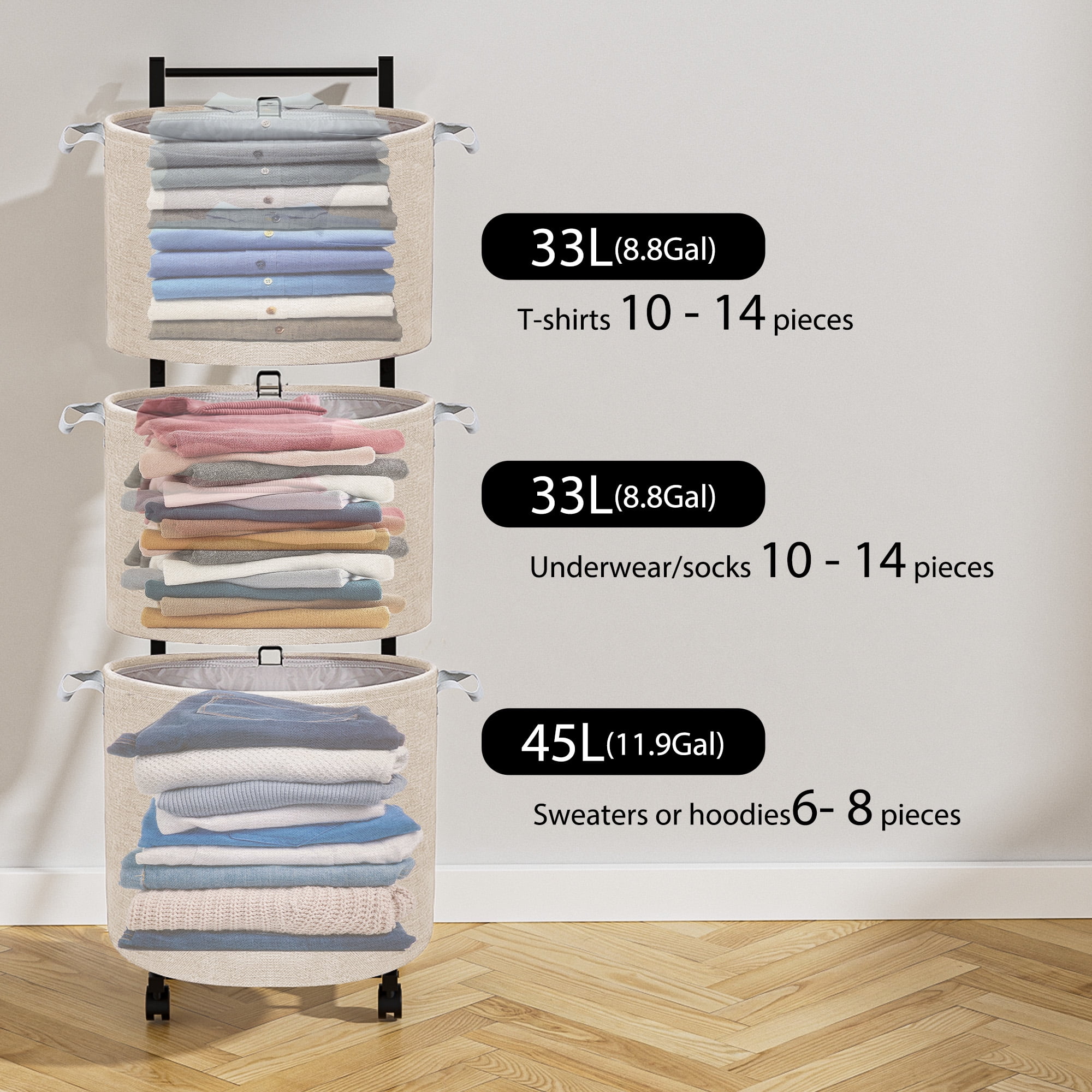 YOUPINS 3-Tier Laundry Hamper Sorter,Laundry Storage Organizer with Wheels Removable Rolling Laundry Baskets for Home,Bathroom,Dorm Laundry Room,Beige