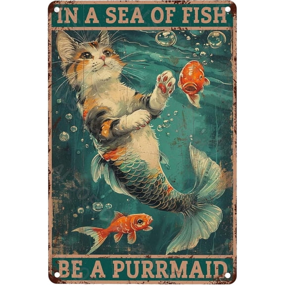 Metal Wall Sign Cat Mermaid Sea Fish Retro Tin Art Decor 8x12 Inch
