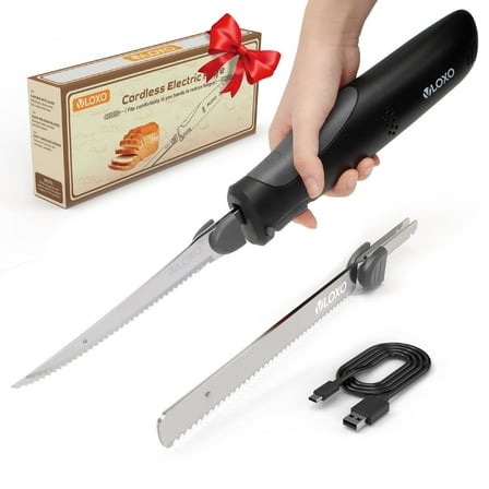 VLOXO Electric Knife,Cordless Electric Bread Knife with 2 Stainless Steel Blades Safety Lock Ergonomic Handle Rechargeable Electric Knife for Meat Slicing Fish Fillet Steak Bread Turkey