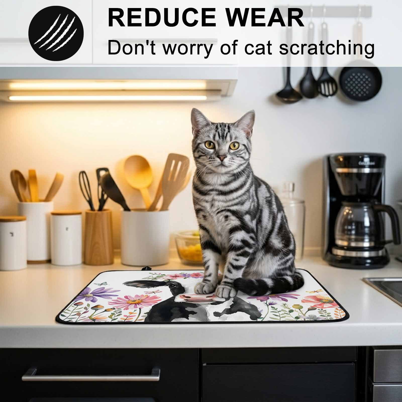 Flowers Cow Stove Top Cover for Electric Stove, Heat-proof & Non Slip Glass Top Stove Cover Protector, Spring Botanical Floral Plants Butterfly Kitchen Flat Cooktop Rubber Mat 24x21 Inches