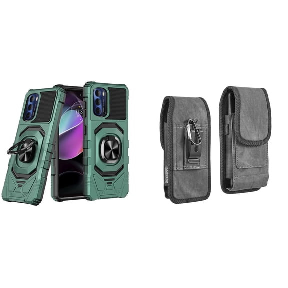Case with Belt Holster Bundle for Moto G Stylus 5G 2022: Heavy Duty Shield Cover (Midnight Green) and Vertical Rugged Denim Nylon Phone Pouch