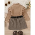thumbnail image 4 of hirigin Toddler Girl Autumn Clothes Set, Ruffled Long Sleeve High Neck Solid Ribbed Pullover + Plaid Print Skirt with Belt, 4 of 9