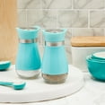 thumbnail image 4 of Stainless Steel Turquoise Salt and Pepper Shakers with Transparent Glass Bottoms and Perforated "S" and "P" Screw-Off Caps (4oz), 4 of 10