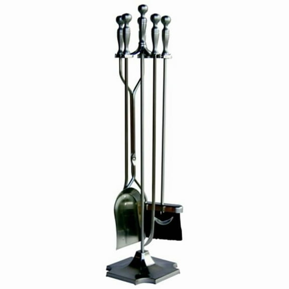 5 Pc Satin Pewter Fireset With Pedestal Base