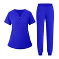 thumbnail image 2 of Women Nurse Work Uniform Purity Scrubs Set V-Neck Stretch Tops with Pockets & Jogger Pants Quick Dry Royal Blue S, 2 of 5
