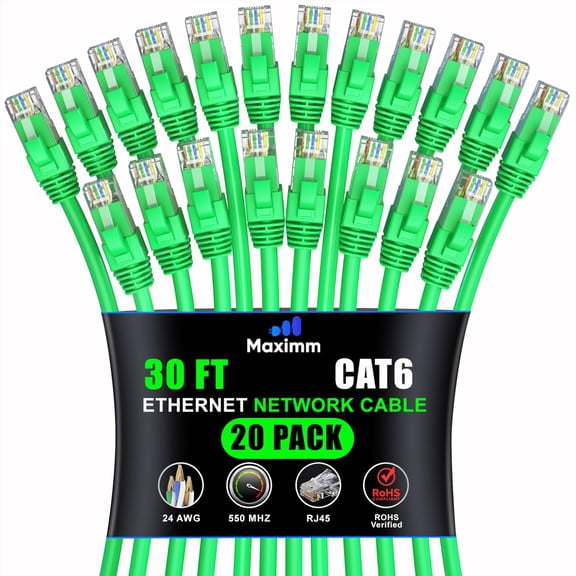 Maximm Cat 6 Ethernet Cable 30 ft (20-Pack) - High-Speed LAN Cable, Internet Cable, Patch Cable, and Network Cable - UTP, 10Gbps, 550MHz Ethernet Cord - Green