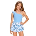 thumbnail image 3 of Gyujnb Solid One-Shoulder Swimsuit with Tropical Print Mesh Skirt for Summer Beach Pool (Big Girls),9-10 Years, 3 of 4