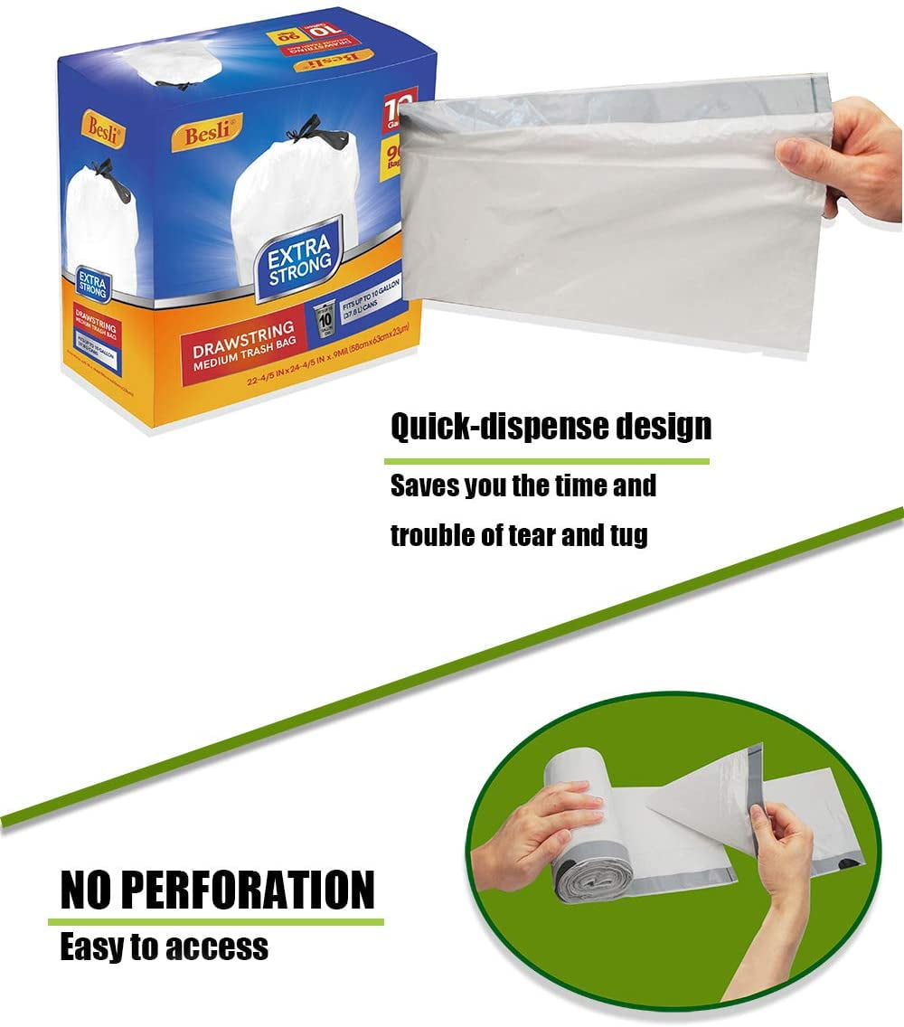 10 Gallon Drawstring Trash Bag Garbage Bag Trash Can Liner,0.9 Mil,90 Counts