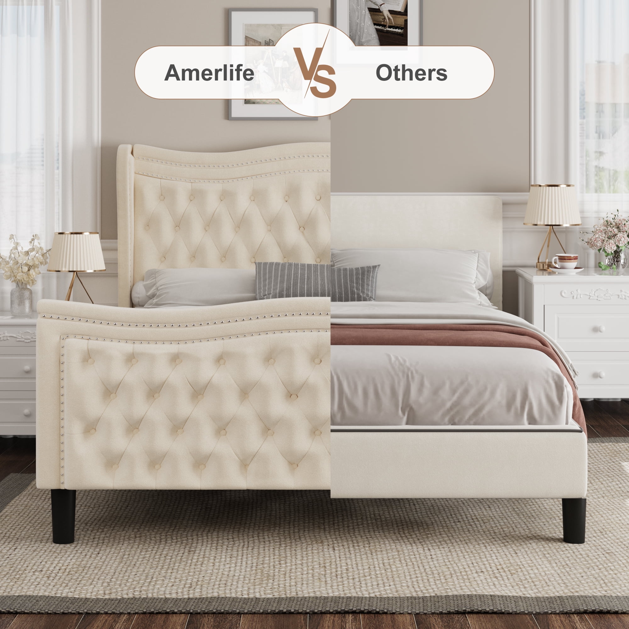 Miniyam Velvet Full Size Bed with Button-Tufted Wingback Headboard for Adult, Beige