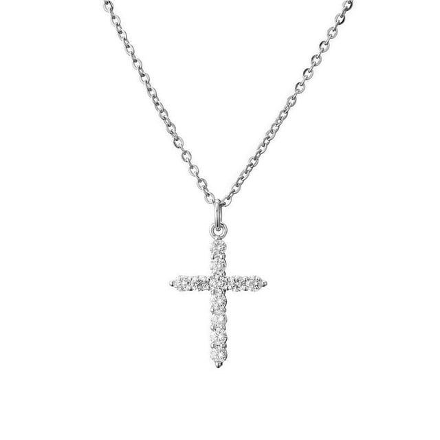 collar de cruz chapado en oro de 14 quilates para mujer | colgante cruz | oro norte collar con cadena de eslabones finos y colgante cruz formado por pequeñas piedras incrustadas, vista frontal centrada sobre fondo blanco; adecuado como colgante delicado para uso diario.