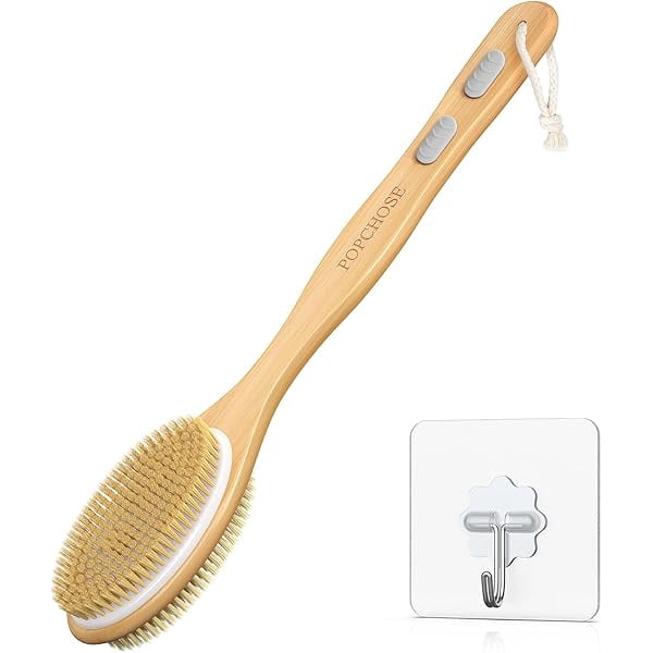 wonima11 Dry Brushing Body Brush, Body Scrubber for Men Women, Back Scrubber for Shower, Natural Bristle Exfoliator Scrubber for Body Cellulite and Lymphatic, Long Handle, Detachable, Dual Brush Heads