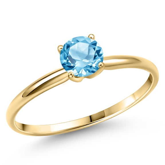 Gem Stone King 14K Yellow Gold Swiss Blue Topaz Engagement Ring for Women | 1.00 Cttw | Round 6MM | Gemstone November Birthstone | Size 6