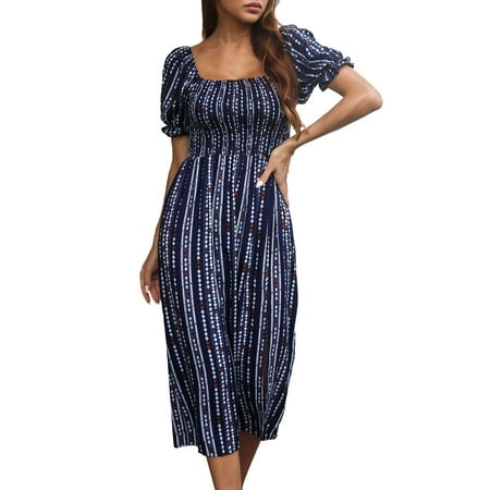 

HSMQHJWE Black T Shirt Dress Ritual Dress For Plus Size Women Womens Short Puff Sleeve Elastic Square Neck Side Split Print Casual Flowy Summer Midi Dresses Maternity Dress For Women Plus Size