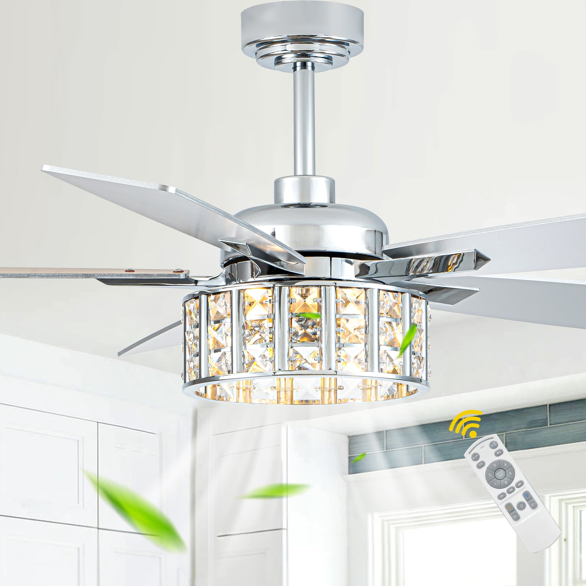 Bella Depot 52" Modern Silver Crystal Ceiling Fan 6-Speed Reversible with Light and Remote Control