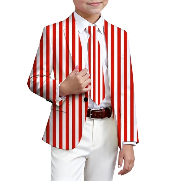 Rggeeun Teenage Boy Outerwear Carnival Stripe Graphic Long Sleeve Collar With Side Pockets One Button Straight Jacket Formal Casual Party Coat For Kids Trendy Casual Wear,Red,3-4 Years