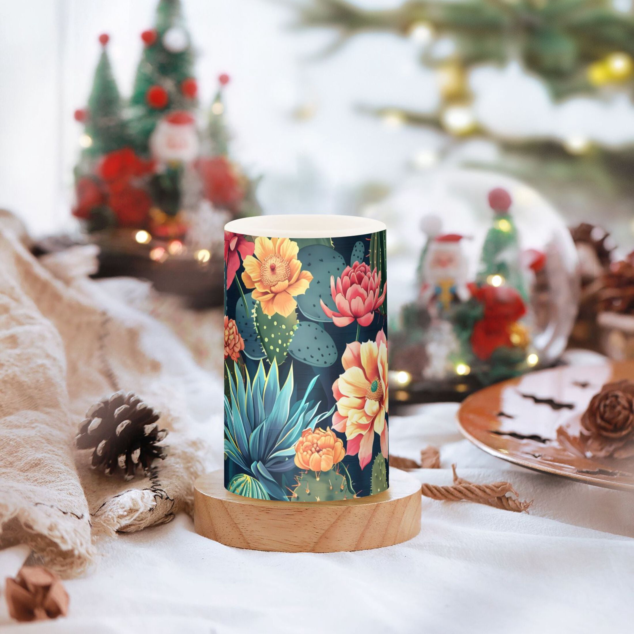 Cactus and Flower Flameless Candles with Remote Timer LED Battery Operated Flickering Candle Light for Festival Wedding Home Party
