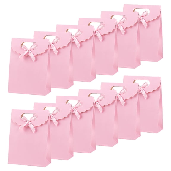 24 Pcs Pink Kraft Paper Bags with Handle 6.5x4.72x2.36 Inch Stand Up Gift Bag with Ribbon Bowknot Small Gift Bag for Candy Cookies Packaging Wedding