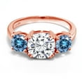 thumbnail image 2 of Gem Stone King 18K Rose Gold Plated Silver Moissanite and Persian Blue Moissanite 3 Stone Engagement Ring for Women (3.40 Cttw, Gemstone, Cushion 8MM, Size 5), 2 of 5