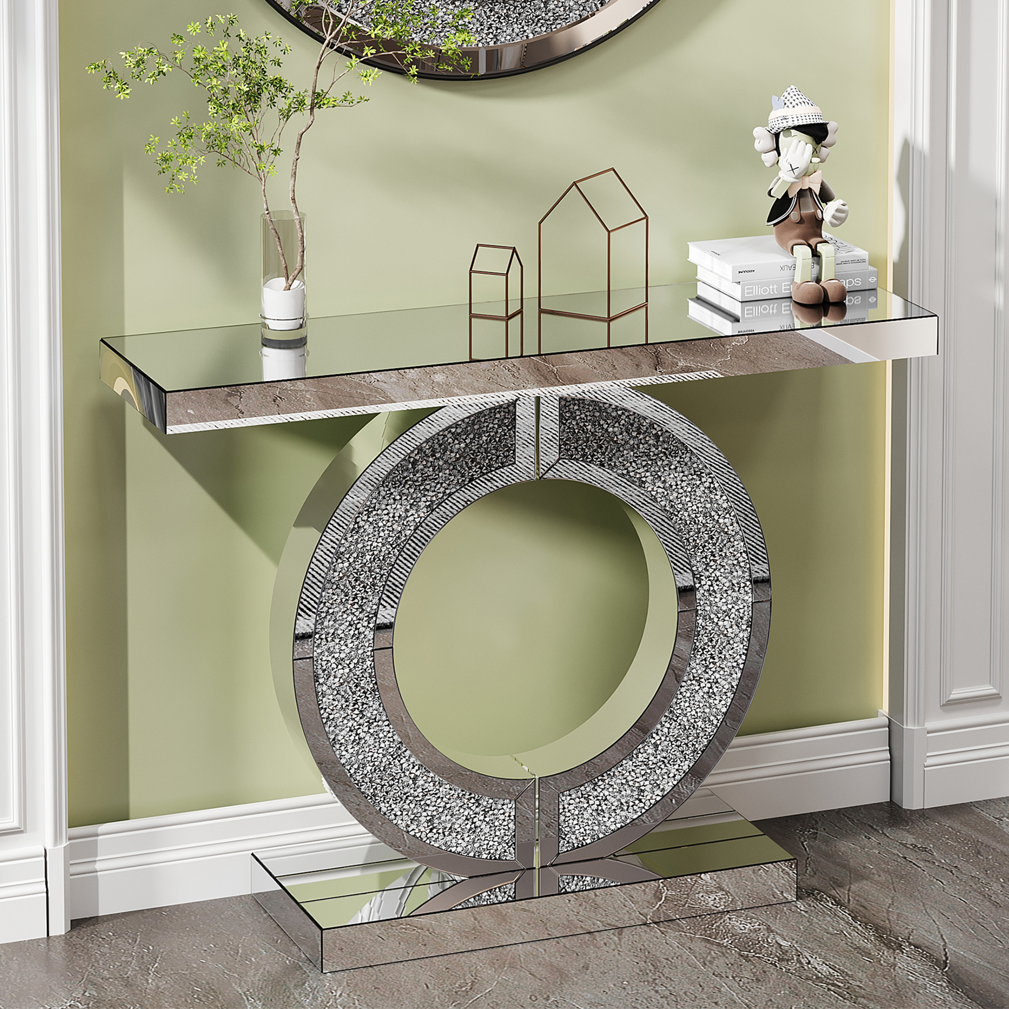 MDQMD Mirror Console Table with Crystal Base,Modern Entryway Table for Hallway,Luxury Reflective Sofa Table for Living Room