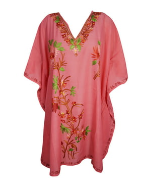 Mogul Women Floral Embroidered Beach Kaftan Resort Style Cover up Tunic Dress One Size
