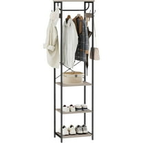 Coat Rack With Hanging Rod, Garment Rack With 3 Wooden Shelves and 4 Hooks, Freestanding Hall Tree, Industrial Clothes Rack Stand Organizer, Greige and Black