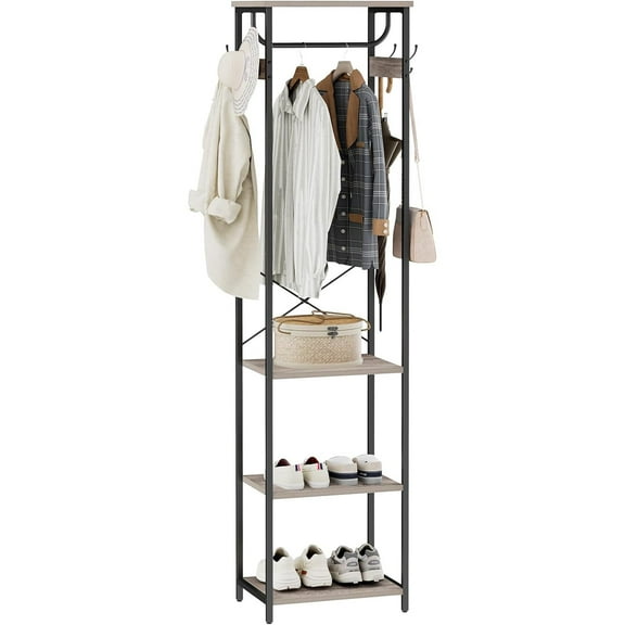 Coat Rack With Hanging Rod, Garment Rack With 3 Wooden Shelves and 4 Hooks, Freestanding Hall Tree, Industrial Clothes Rack Stand Organizer, Greige and Black