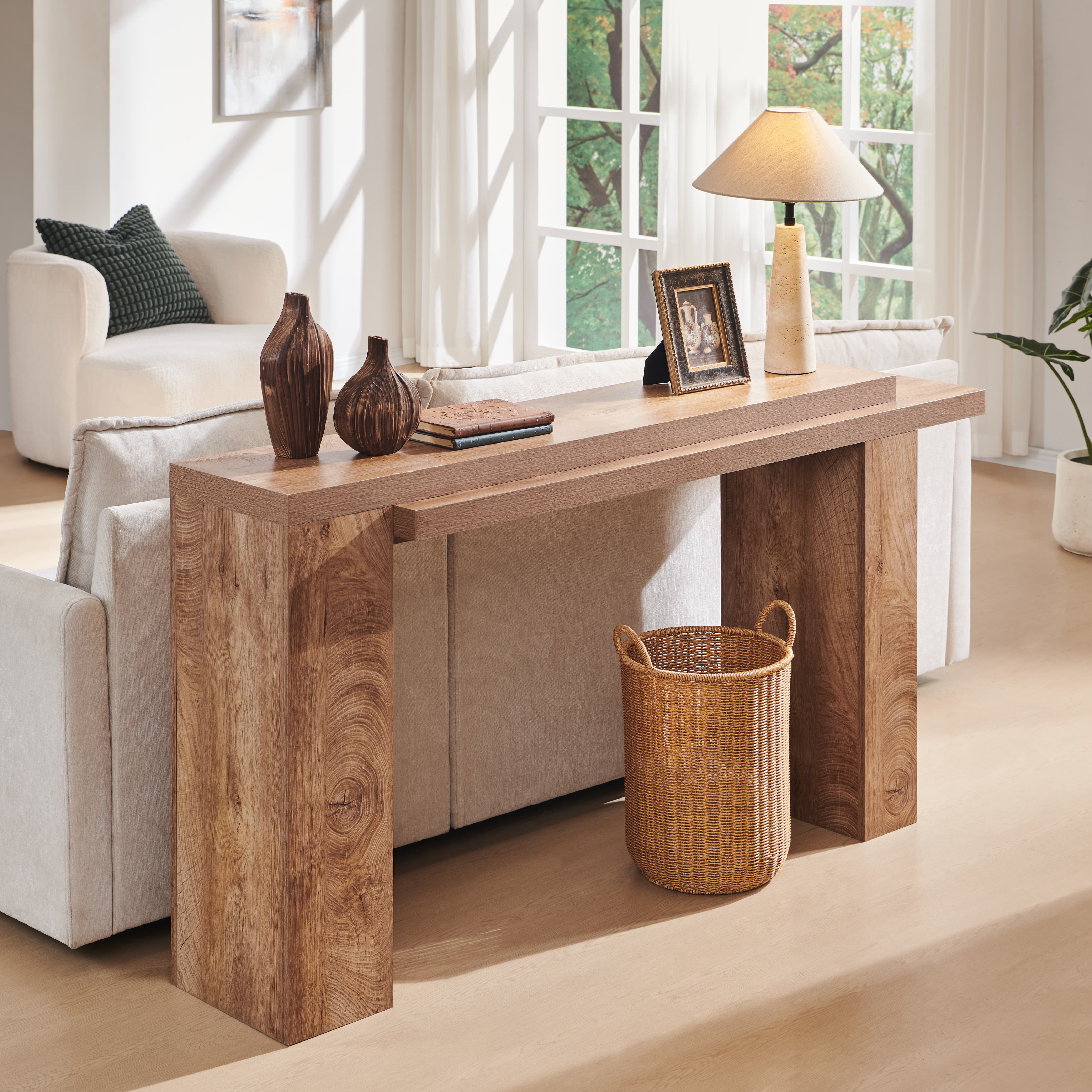 KeyWhat 63" Entryway Console Table, Wooden Modern Sofa Table Behind Couch, Dual-Level Countertop Design for Hallway, Entryway, Living Room, Light Knotty Oak