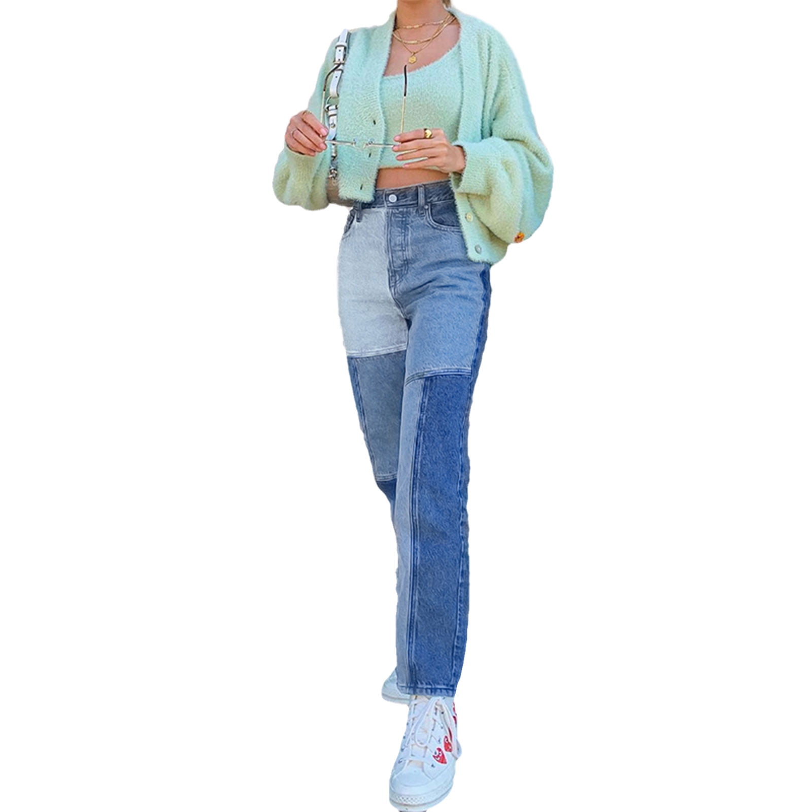 casual patchwork high waist color block jeans