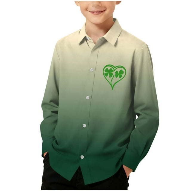RXMEKW Chemise à Manches Longues Imprimée pour la Saint-Patrick pour Garçons avec Col Rabattu, 95 % Coton 5 % Spandex, Vert