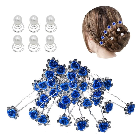 40pcs Bridal Wedding Rhinestone Rose Flower U-shaped Hair Pins & 6pcs Twist Pearl Hairpins Headpiece Set in Gift Box for Women Girls Bridesmaid (Royal Blue Set)