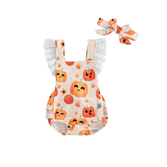 Wassery Newborn Girl Summer Outfit Infant Baby Halloween Clothes Sleeveless Square Neck Pumpkin Skull Print Lace Patchwork Romper with Hairband 0-18 Months