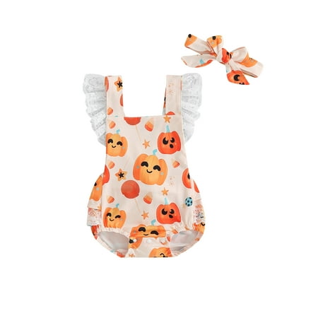 

Halloween Baby Girl Outfit Sleeveless Pumpkin/Skull Romper Hairband