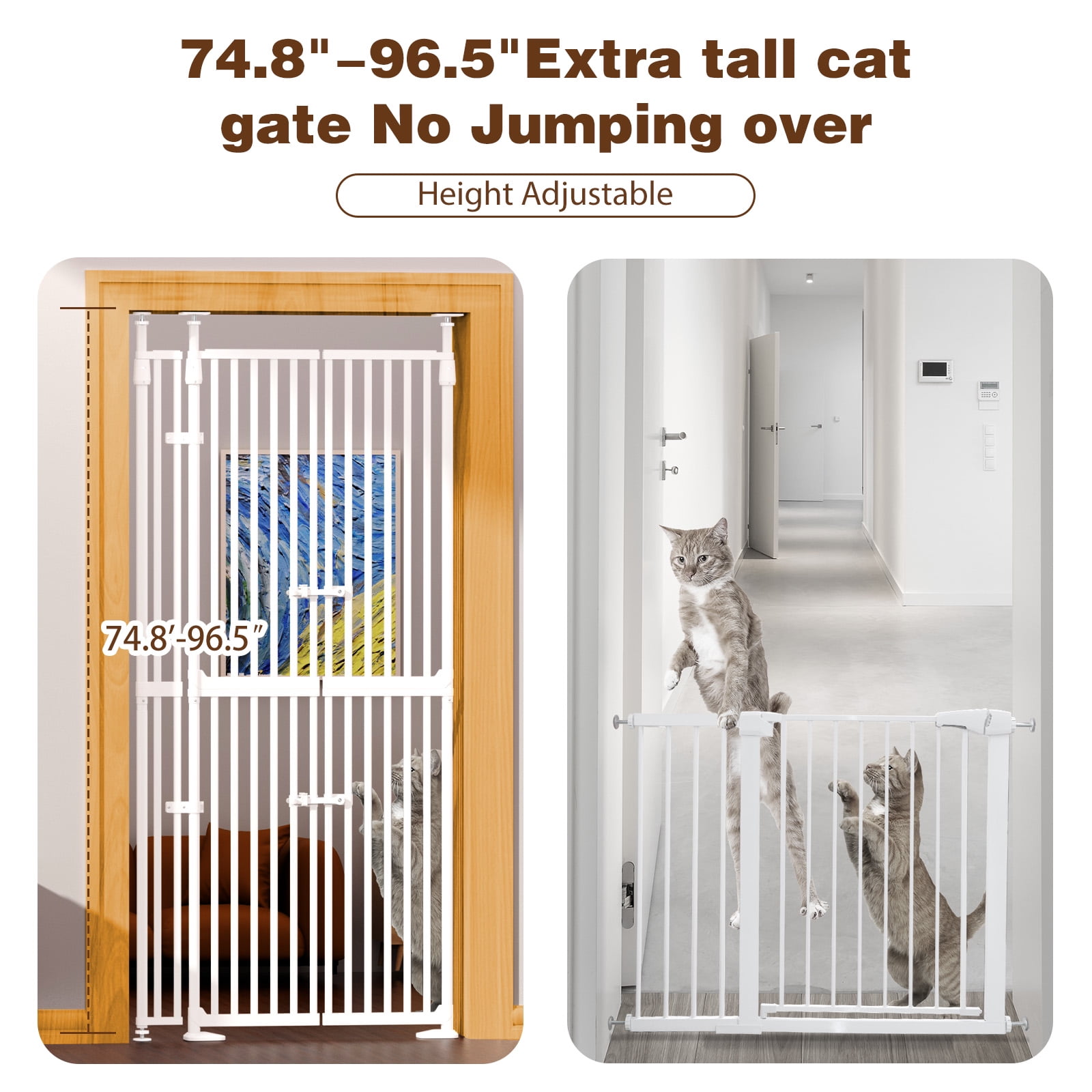 XJD 71" Extra Tall Cat Gate – Fits 30.31"-38.2" Wide Openings, Auto-Close, Narrow 1.37" Gaps, No-Drill Pressure Mount, Double Opening Design Pet Gate, White