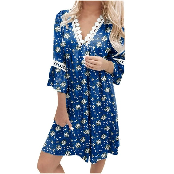 2026 ! JINMGG Dress for Women under 10 Women Casual Summer Dresses 3/4 Sleeve Party Tunic Swing Casual V Neck Boho Paisley Print Lace Trim V-neck Midi Dress Blue L